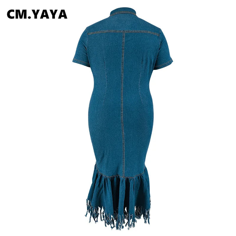 FZ Women's Plus Size Short Sleeve Tassel Zip Denim Dress