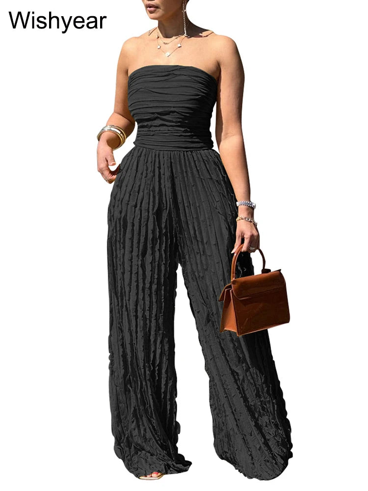 FZ Women's Ruched Strapless Wide Leg One Piece Jumpsuit