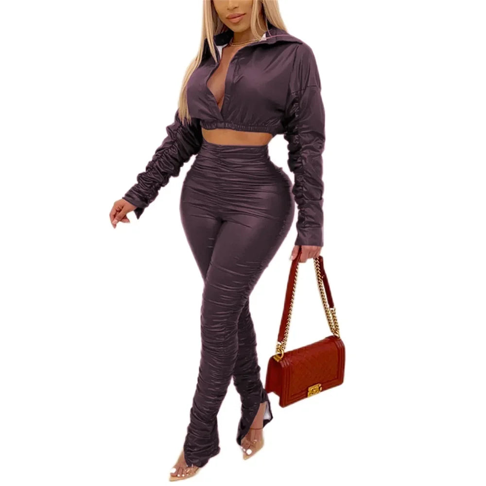 FZ Women's Faux Leather High Waist Two 2 Piece Pants Suit