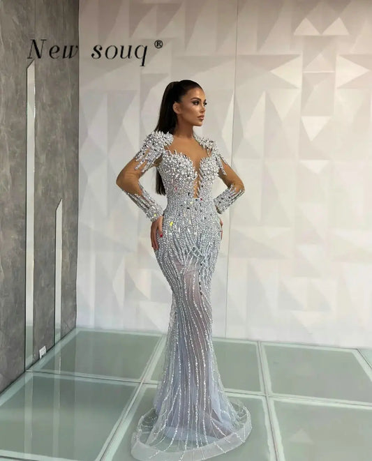 FZ Women's Arabic Silver Beaded Mirror Crystals Elegant Evening Dress