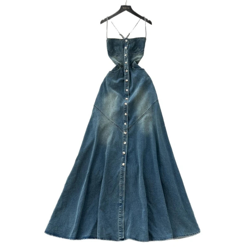 FZ Women's Sling Strapless A Line Streetwear Sleeveless Denim Dress