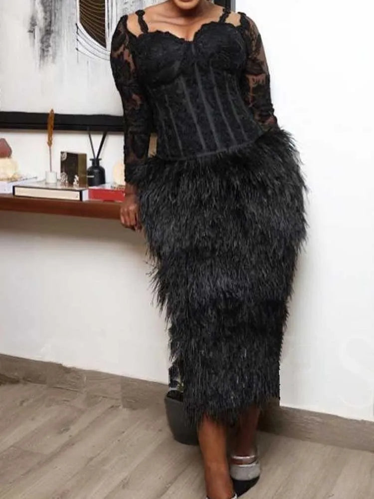 FZ Women's Long Lace Sleeves Strapless with Tassels Dress