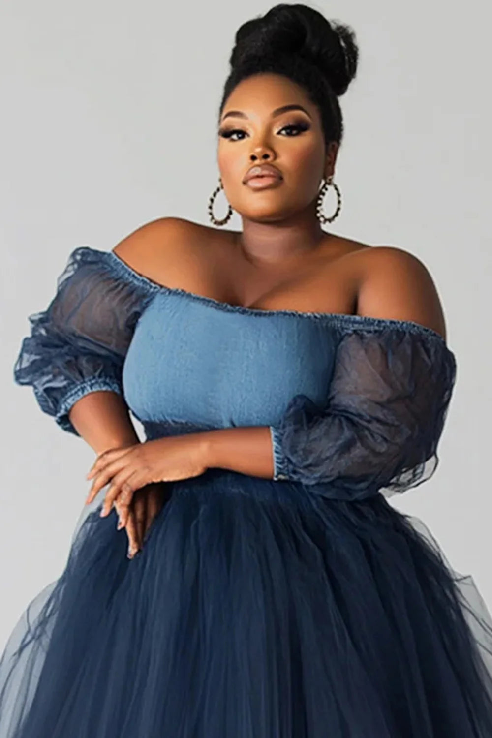 FZ Women's Plus Size Off The Shoulder See Through Contrast  Maxi Denim Evening Dress