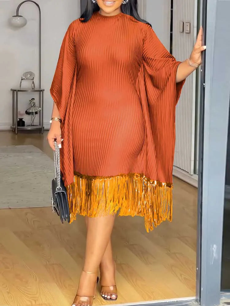 FZ Women's Tassel Sequin Stretchy Batwing Sleeves French Style Knitted Dress