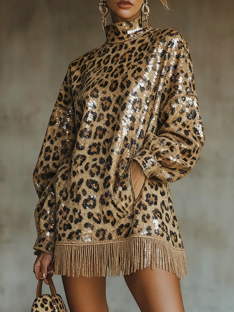 FZ Women's Sequin Leopard Print Tassel Mini Dress