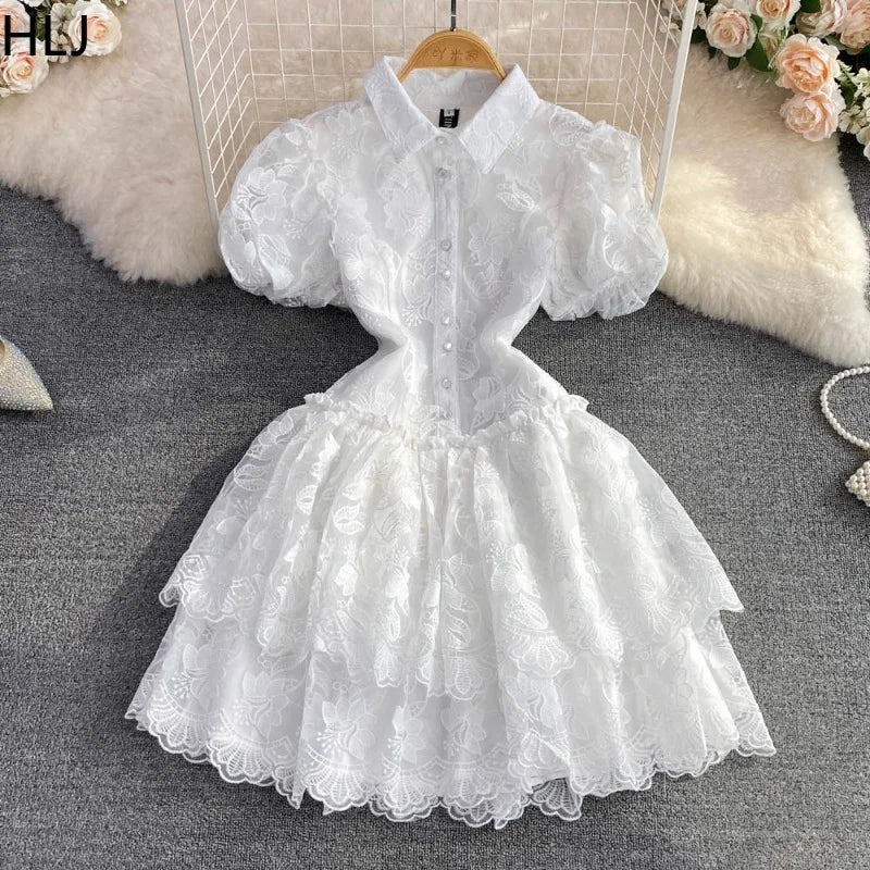 FZ Women's Lace Ruched Patchwork Short Sleeves Cake Puff Dress