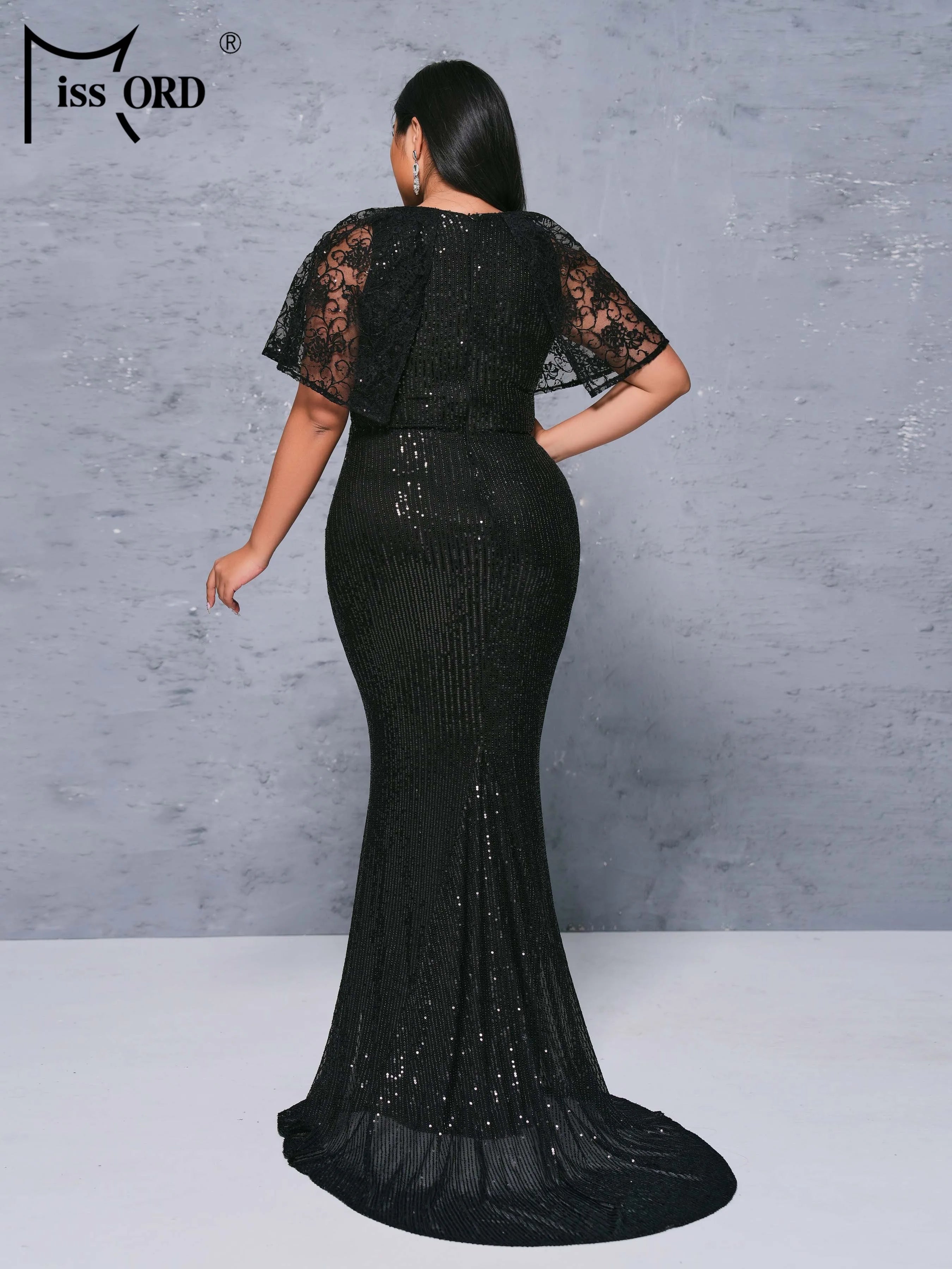 FZ Women's Plus Size Round Necked Sequin Short Sleeved Mermaid Evening Dress