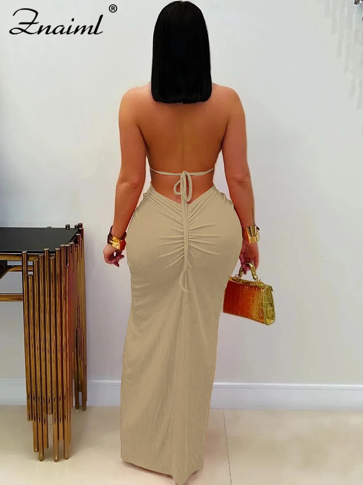 FZ Women's Halter Hollow Backless Slit Maxi Dress