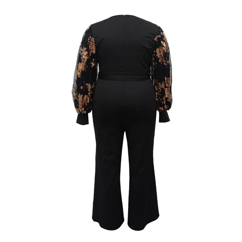 FZ Women's Plus Size Floral Puff Long Mesh Sleeve Wide Leg Straight Jumpsuit