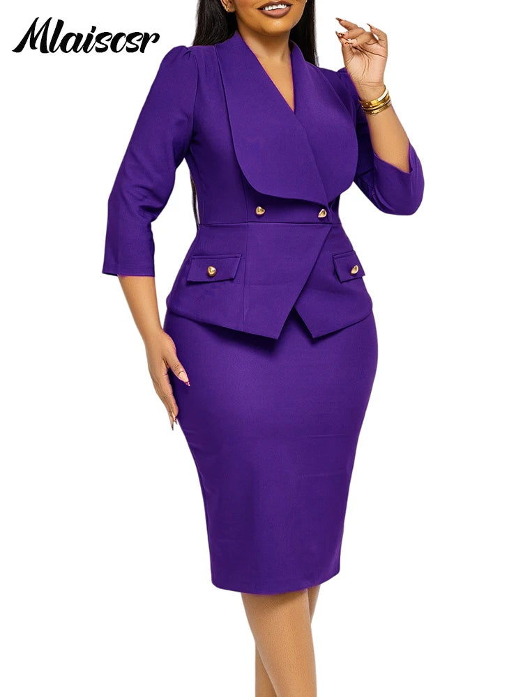 FZ Women's 3/4 Sleeve button Slim pencil Mid Dress