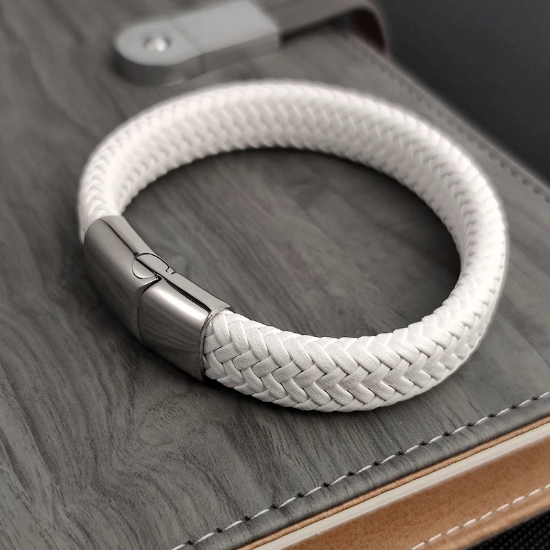 FZ Simple White Leather Braid Stainless Steel Buckle Clasps Bracelet - FZwear