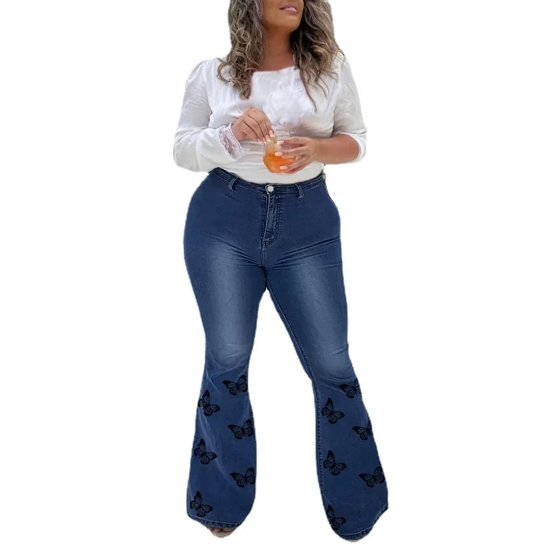 Women's Plus Size Butterfly Print Jeans, Women's Plus   Fly Flare Leg Casual  Jeans FZwear