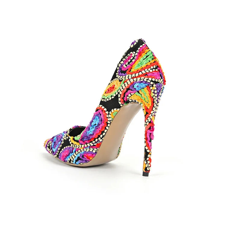 FZ Women's Flower Embroidery High Heels Pumps Shoes