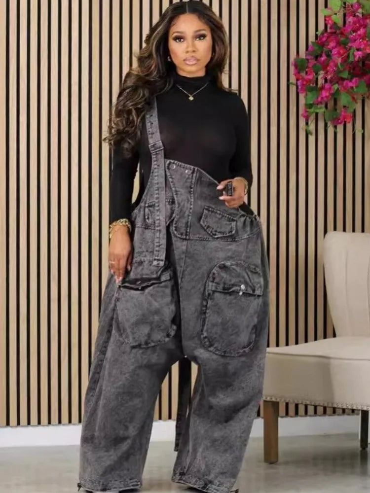 FZ Women's Loose Vintage Preppy Suspender Style Denim Jumpsuit - FZwear