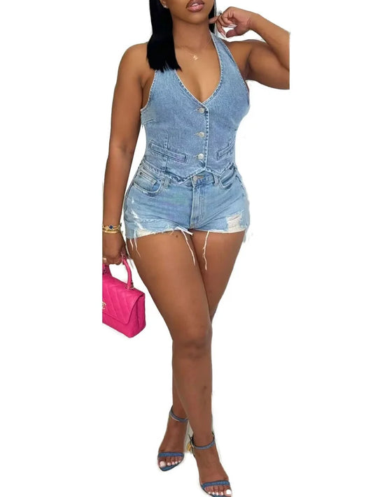 Benuynffy 2024 Summer New Vest Shorts Set For Women Single Breasted Backless Crop Vest Top+Ripped Denim Shorts Two Piece Outfits FZwear