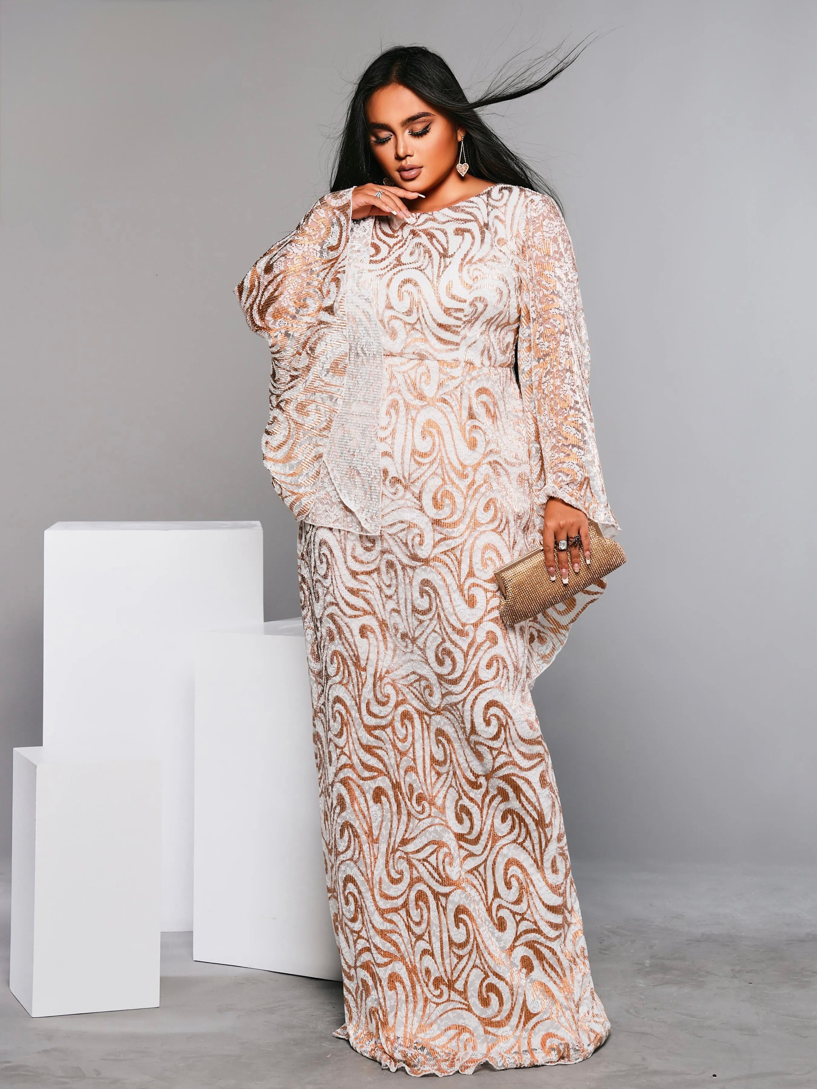 FZ Women's Plus Size Round Neck Flare Sleeve Geometric Sequin Evening Dress