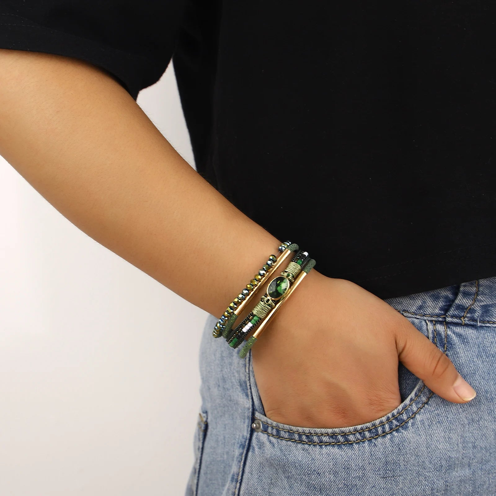 FZ Bohemian Leather Wrap Boho Crystal Beads Cuff Stone Bracelets - FZwear