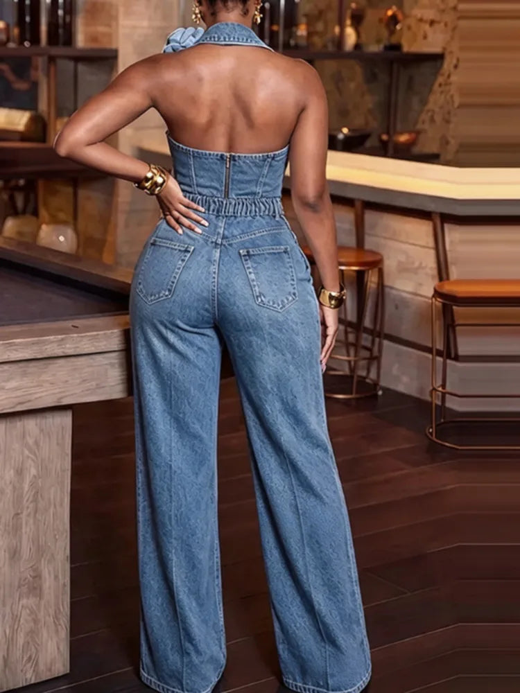 FZ Women's Two Piece Halter Sleeveless Cowl Neck Wide Leg Denim Pants Suit