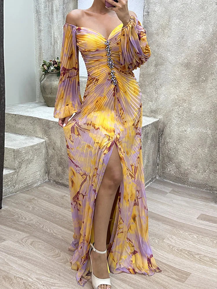 FZ Women's V Neck Full Sleeve Patchwork Folds Slim Maxi Dress