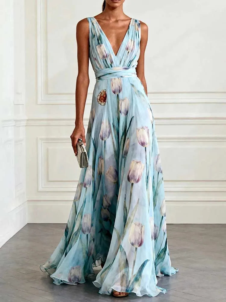 FZ Women's Chic Deep V-neck Sleeveless Floral Sundress