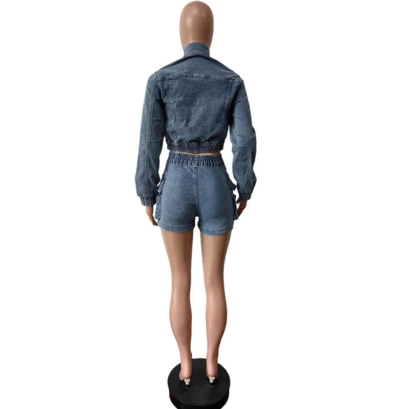 Benuynffy Single Breasted Long Sleeve Cropped Denim Jacket Women Y2k Streetwear Elastic Waist Cargo Jean Shorts 2 Piece Sets FZwear