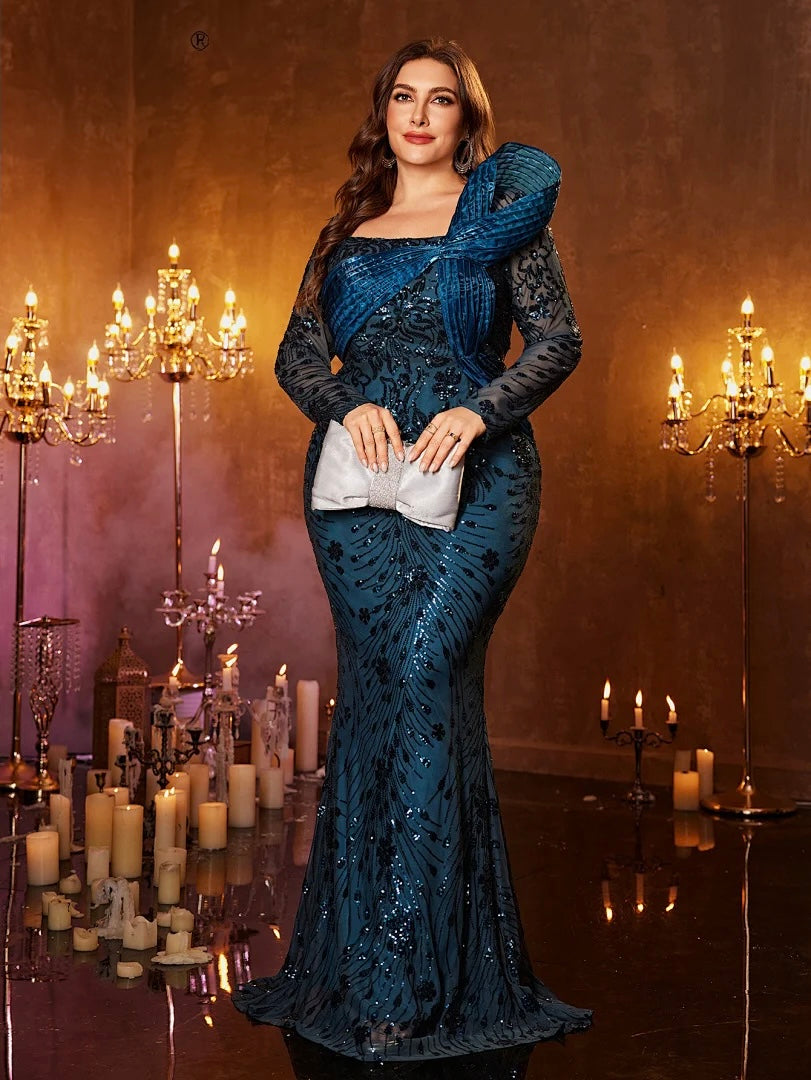 FZ Women's Plus Size Square Neck Sequin Mermaid Evening Dress