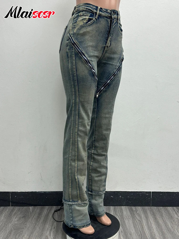 FZ Women's Streetwear Patchwork High Waist Button Fly Slim Denim Pants