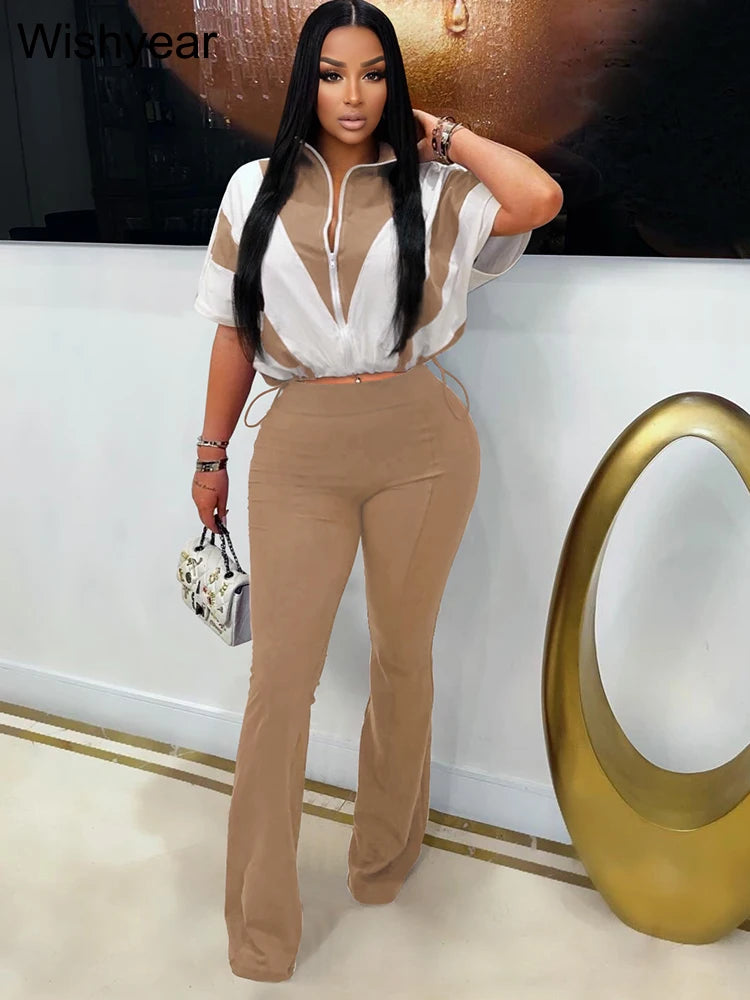 FZ Women's Vintage Cotton Patchwork Short Sleeve Flare Bottom Two Piece Pants Suit