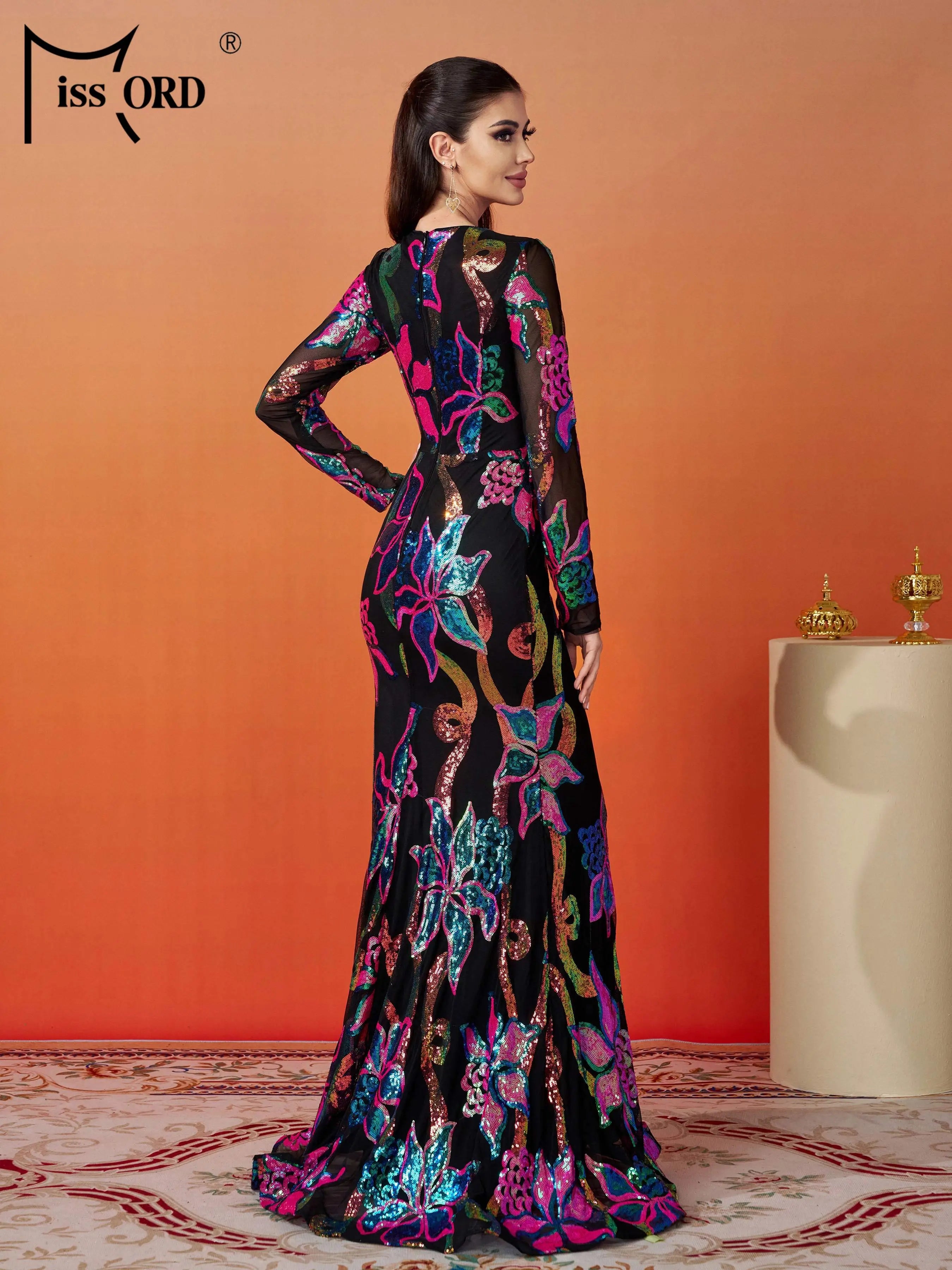 FZ Women's Floral Round Neck Long Sleeved Sequin Mermaid Evening Dress