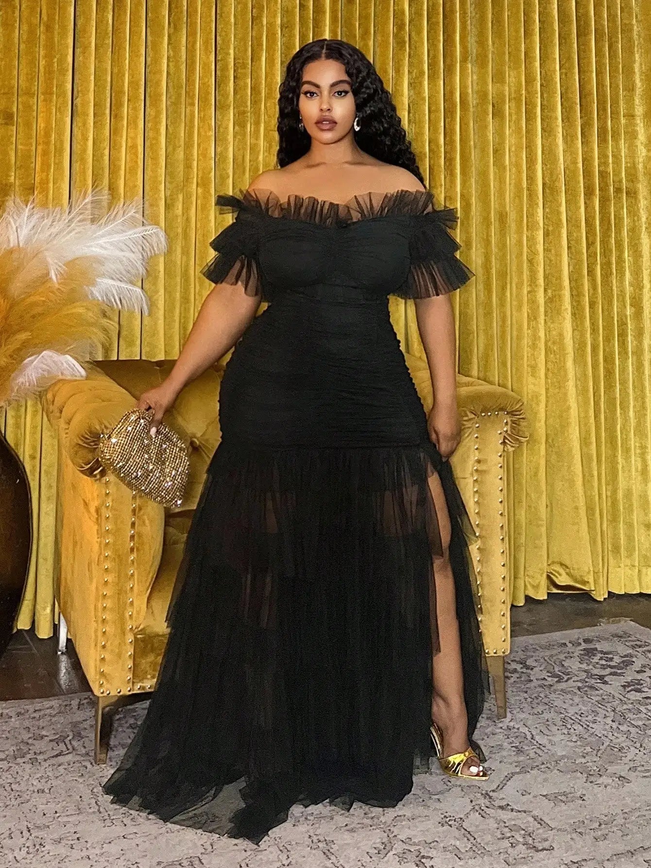 FZ Women's Plus Size Off-Shoulder Ruched with Tiered Tulle Maxi Dress