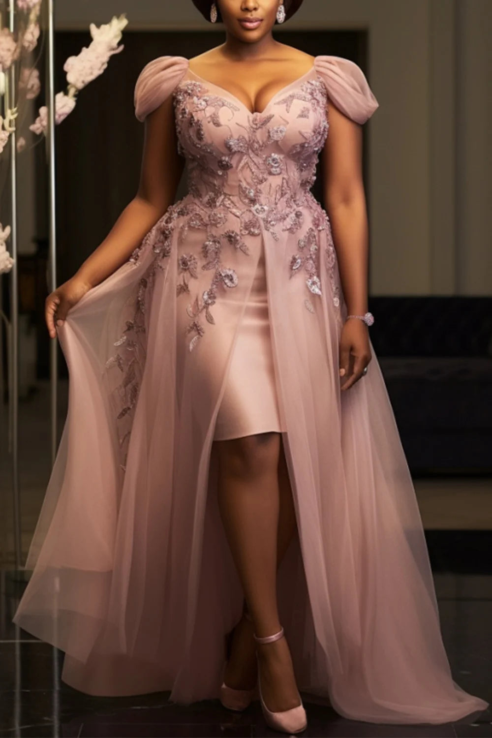 FZ Women's Plus Size V Neck Short Sleeve Split Embroidery Midi Evening Dress