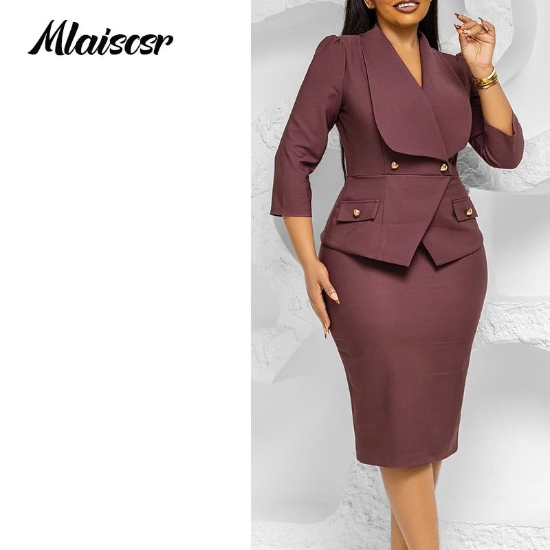 FZ Women's 3/4 Sleeve button Slim pencil Mid Dress