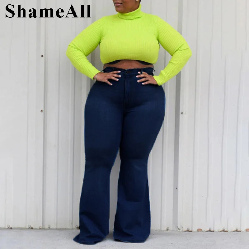 Plus Size Wide Lge Super Stretchy Flare Jeans Mom 4XL Fall Spring Sexy High Waisted Matching Slim Fit Skinny Denim Bell Bottoms FZwear