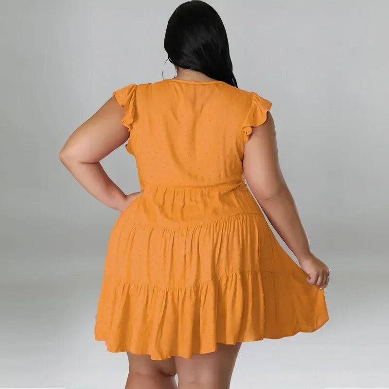 FZ Women's Plus Size Solid Ruffles Short Sleeve Turn-down Collar Single Breasted Dress