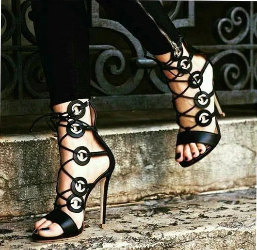 FZ Women's Cross Straps Metal Circle Lace Up Stiletto Open Toe Shoes