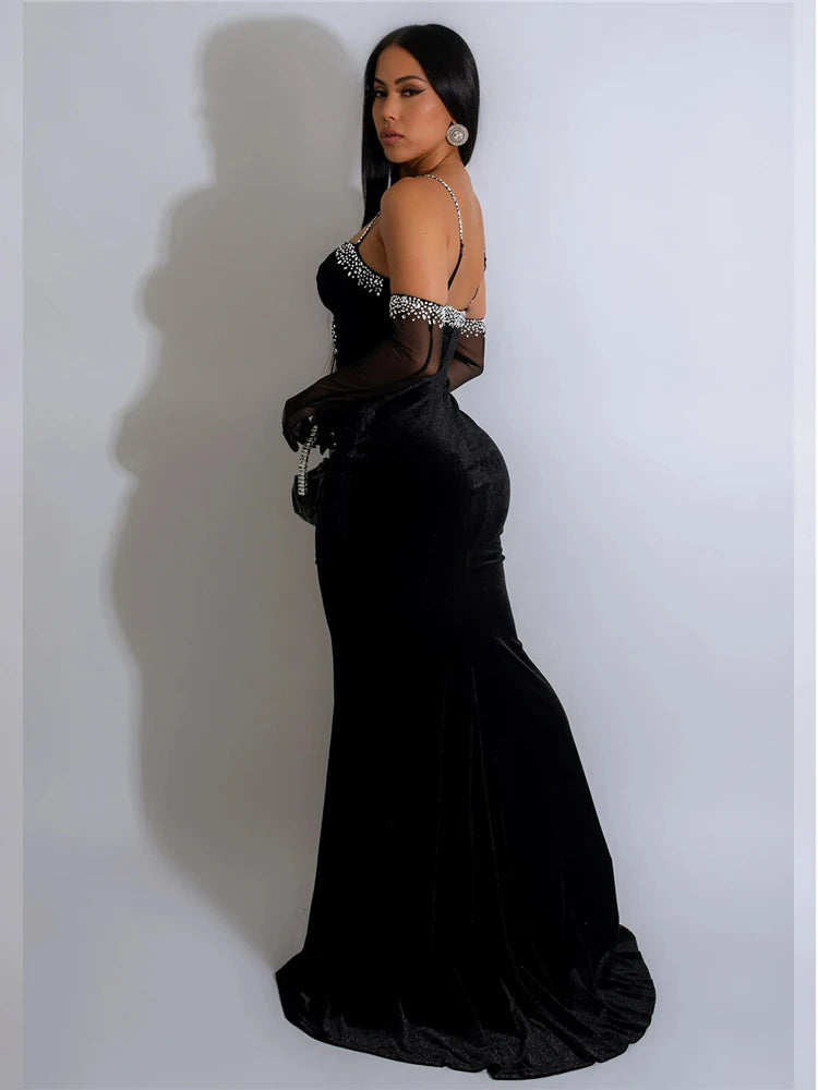 FZ Women's Sparkle Heartbeat Velvet Maxi Rhinestones Evening Dress - FZwear