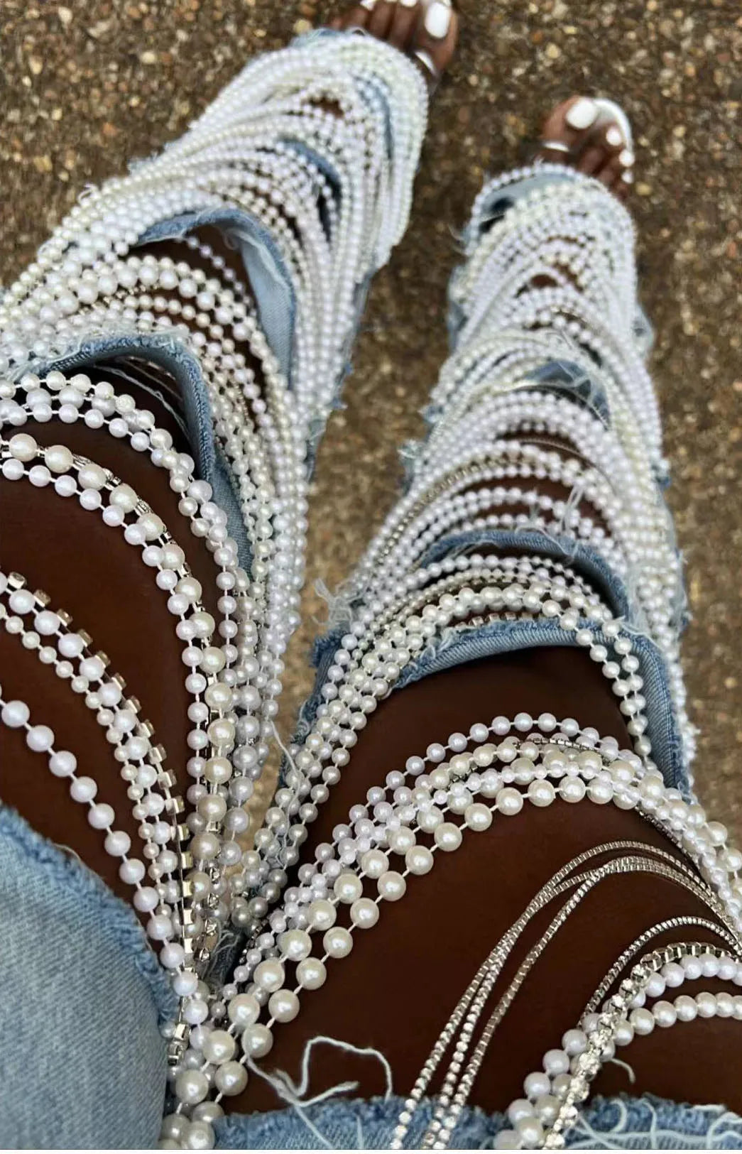 FZ Women's Holes Pearls High Waist Fashion Cotton High Street Denim Pants