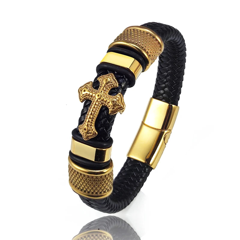 FZ Men's Hand-woven Rope Multi-layer Stainless Steel Leather Cross Bracelet