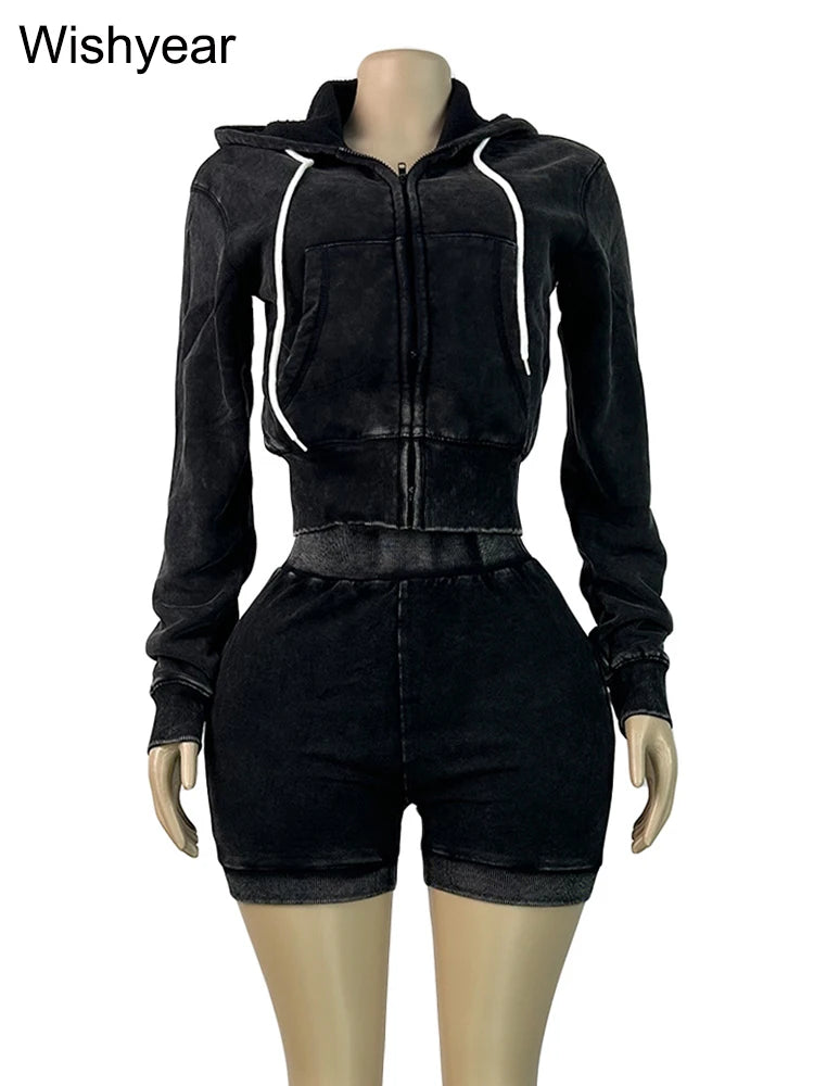 FZ Women's Vintage Wash Velvet Sweatshirt and Leggings 2 Piece Shorts Suit