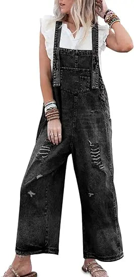 Women's Casual Denim Jumpsuit Overalls Romper Loose Adjustable Strap Distressed Bib Jeans Overall Playsuits With Pocket FZwear