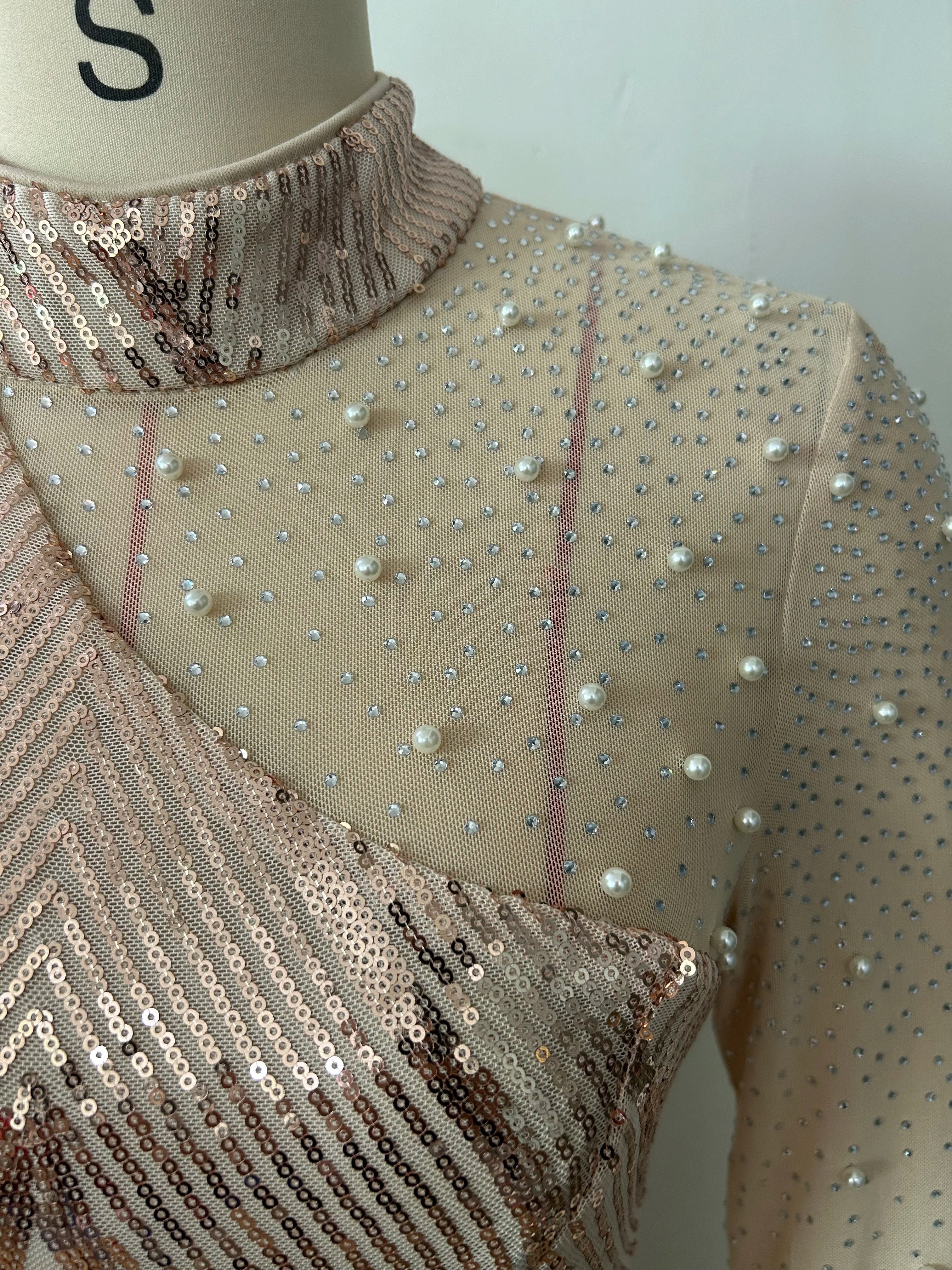 FZ Women's Rhinestones Pearls Stand Neck Sequined Evening Dress