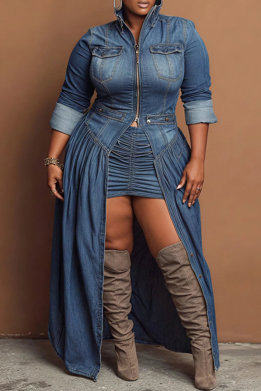 FZ Women's Plus Size High Collar Long Sleeve Split Casual Zipper Denim Jacket