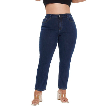 Plus Size Women Jeans Spring Stretchy Straight Loose Blue Full Length Mid Rise Waist Washing 4XL 6XL 110 Kgs Lady Pants FZwear