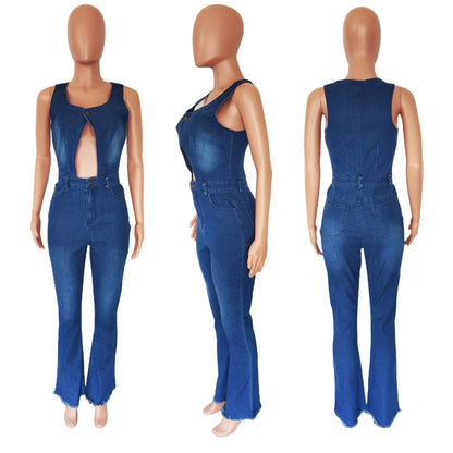 Denim Jumpsuit Sexy 2023 Women Fashion Summer Romper Y2K Streetwear Outfit Bodycon One Piece Jean Sleeveless Jumpsuit Bodysuit FZwear