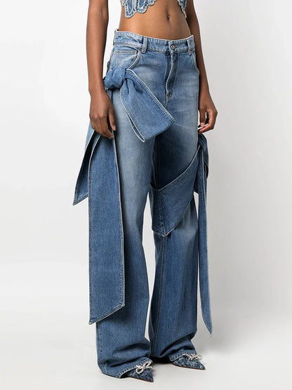 FZ Women's Bowknot Spliced Designer High Waist Patchwork Denim Straight Pants - FZwear