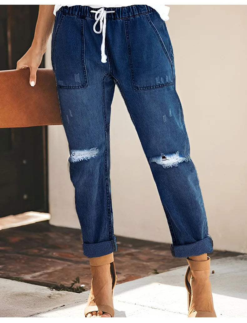 FZ Women's Streetwear Ripped Vintage Drawstring Elastic Waist Denim Pants - FZwear