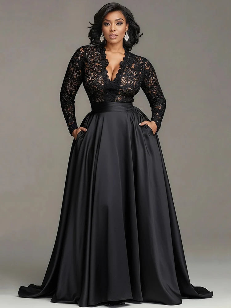 FZ Women’s Plus Size Lace Hollow Out Black V-Neck Cocktail  Maxi Evening Dress
