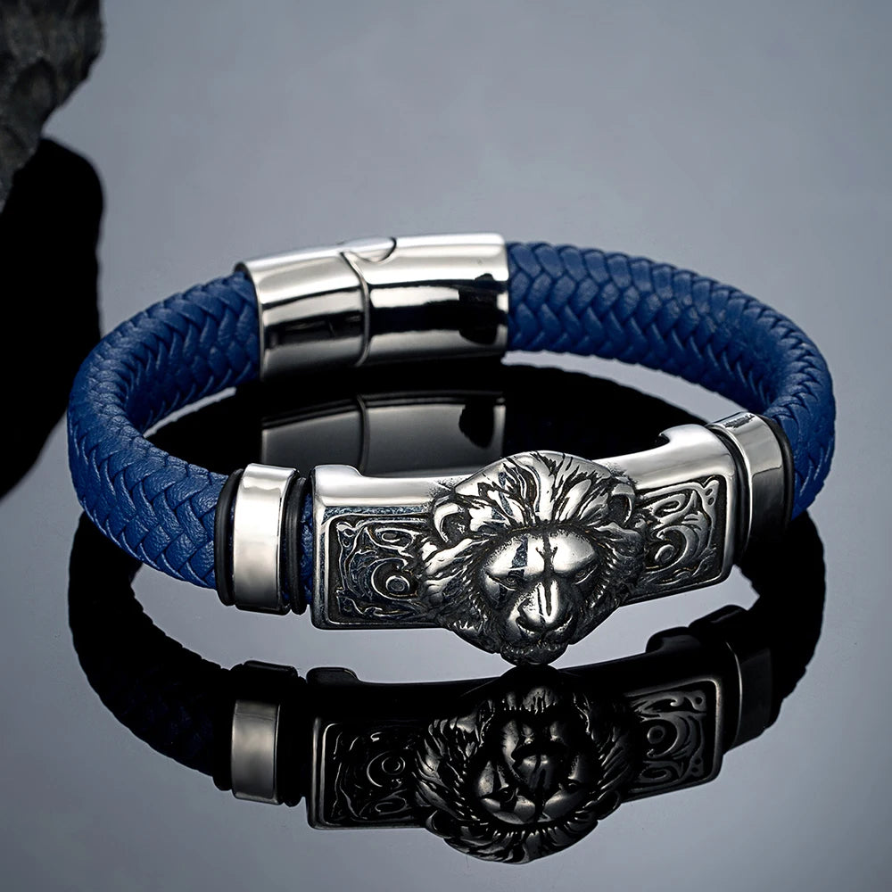 FZ Punk Lion Braided Genuine Leather Stainless Steel Magnetic Buckle Bracelet