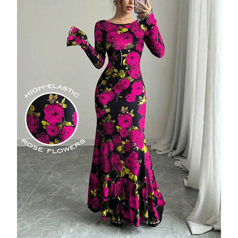 FZ Women's Rose Printed O Neck Long Sleeves Fishtail Maxi Dress