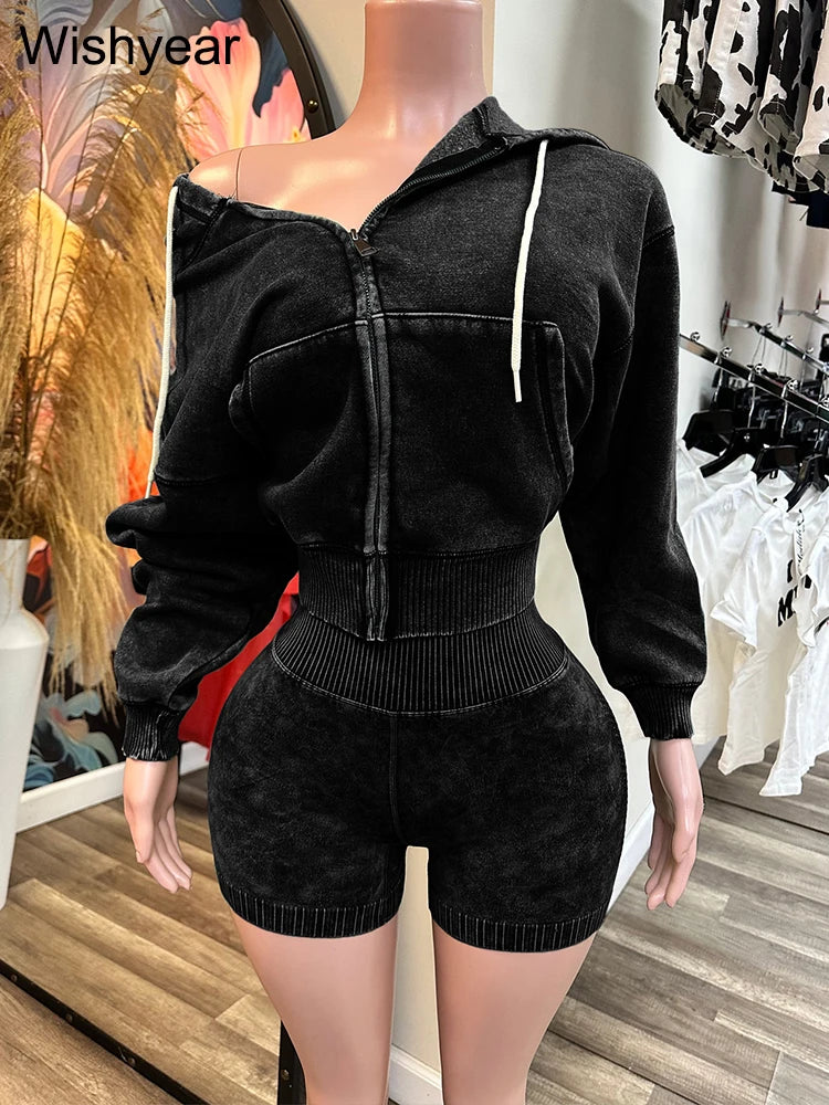 FZ Women's Vintage Wash Velvet Sweatshirt and Leggings 2 Piece Shorts Suit